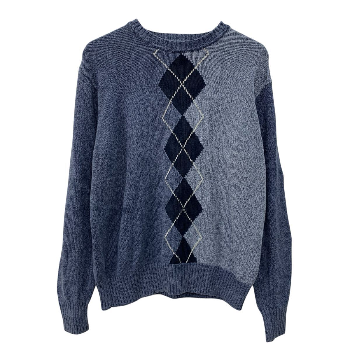 【中古】【古着】 GEOFFREY BEENE コットンニット セーター S ブルー マルチカラー プルオーバー コットン100% アーガイル柄 モックネック 秋物 a710-6883(4)