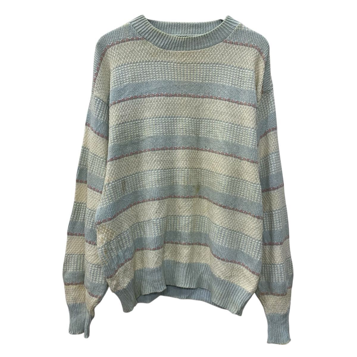 【中古】【古着】 PRIVATE CLUB コットンニット セーター L ブルー マルチカラー プルオーバー モックネック コットン100% ボーダーセーター 秋物 a710-6885