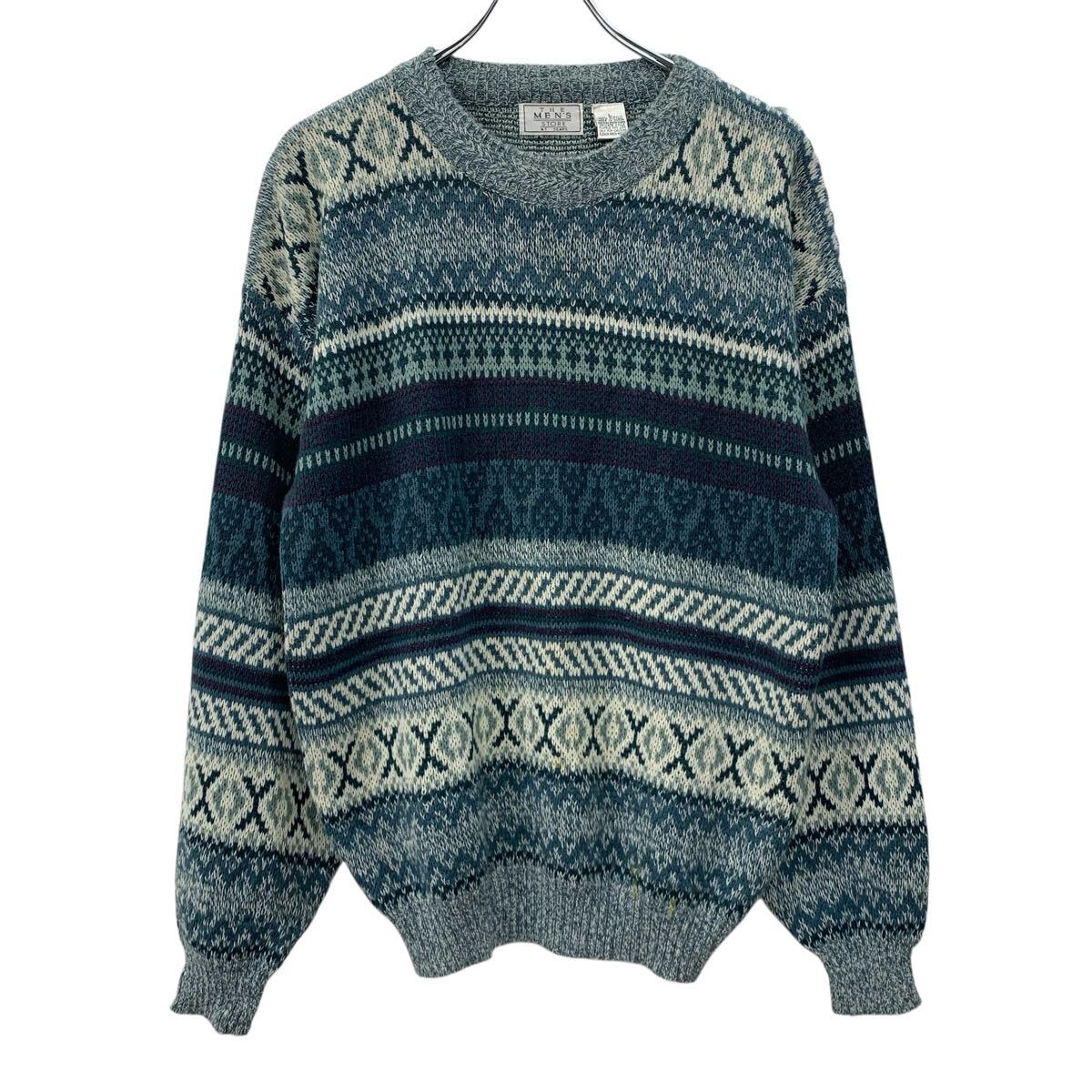 【中古】【古着】 THE MEN'S STORE AT SEARS アクリルニット セーター L グリーン マルチカラー プルオーバー モックネック 総柄ニット 秋物 a710-6886