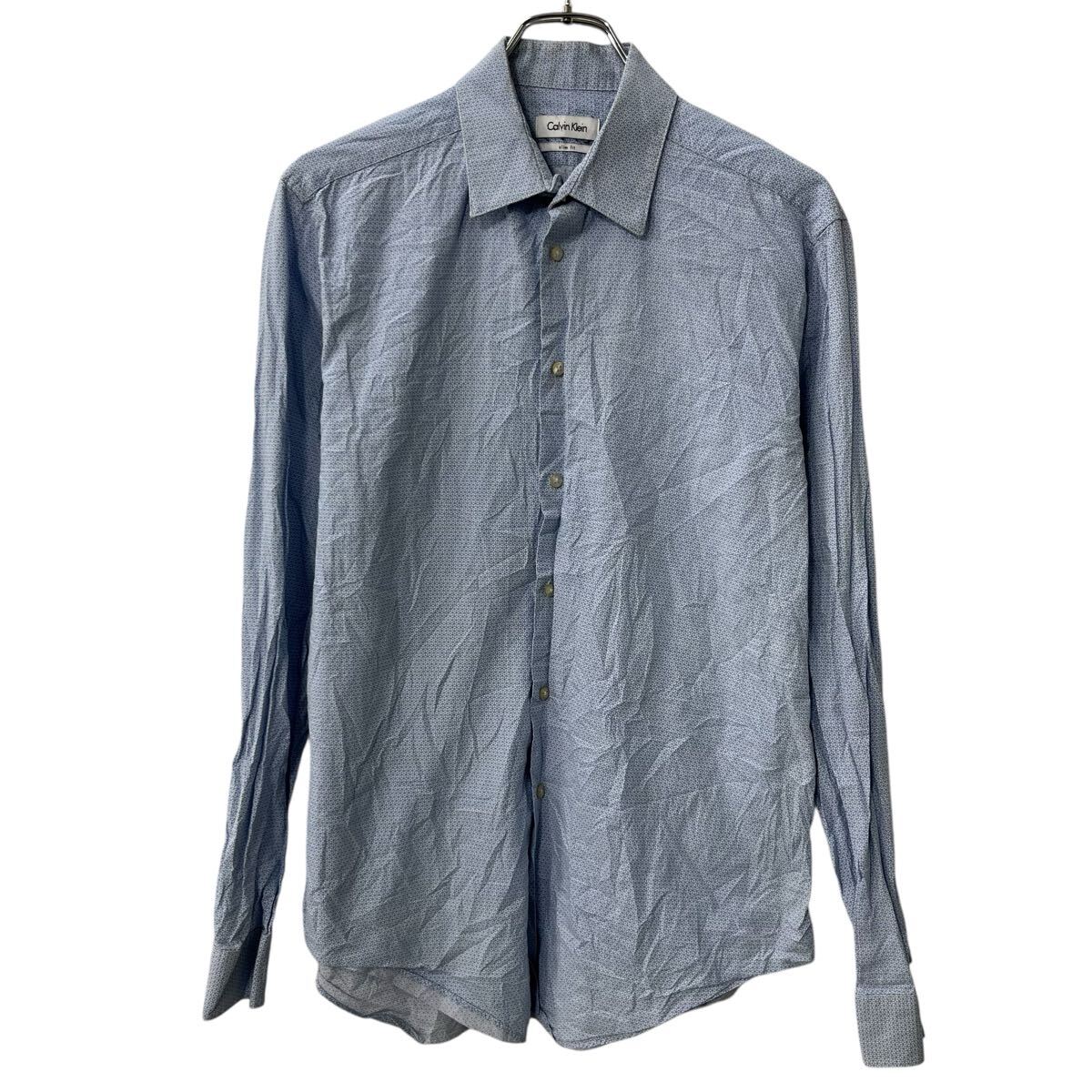 【中古】【古着】 Calvin Klein 長袖 柄シャツ L〜 ライトブルー ホワイト カルバンクライン 総柄 コットン 長袖シャツ トップス 春物 ..