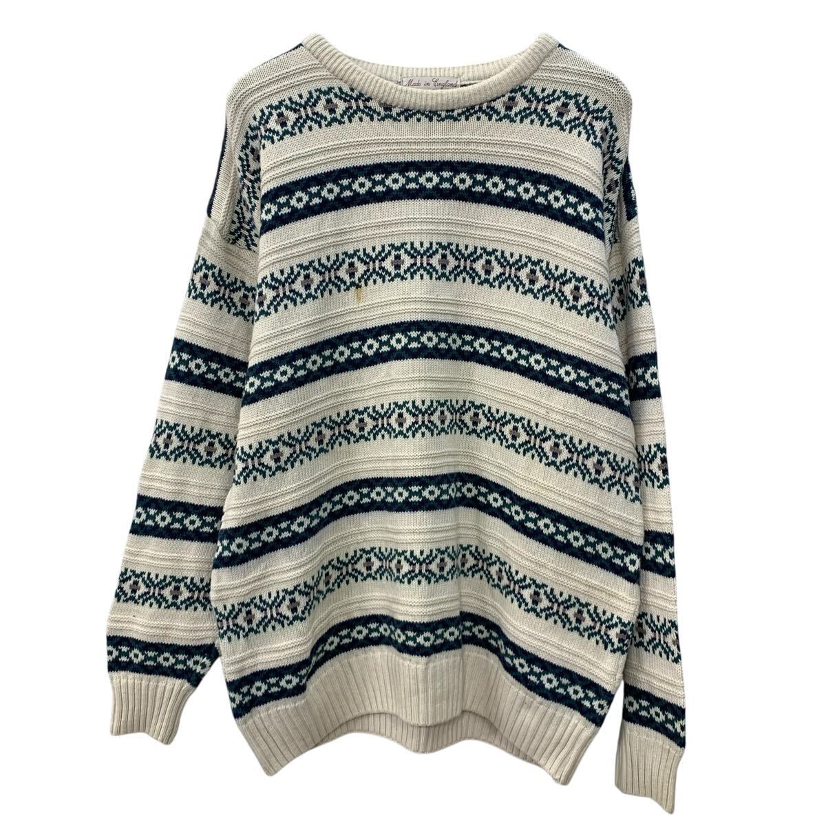 【中古】【古着】 HEATHER & TWEED コットンニット セーター L ホワイト マルチカラー プルオーバー モックネック コットン100% 総柄 秋物 a710-6943