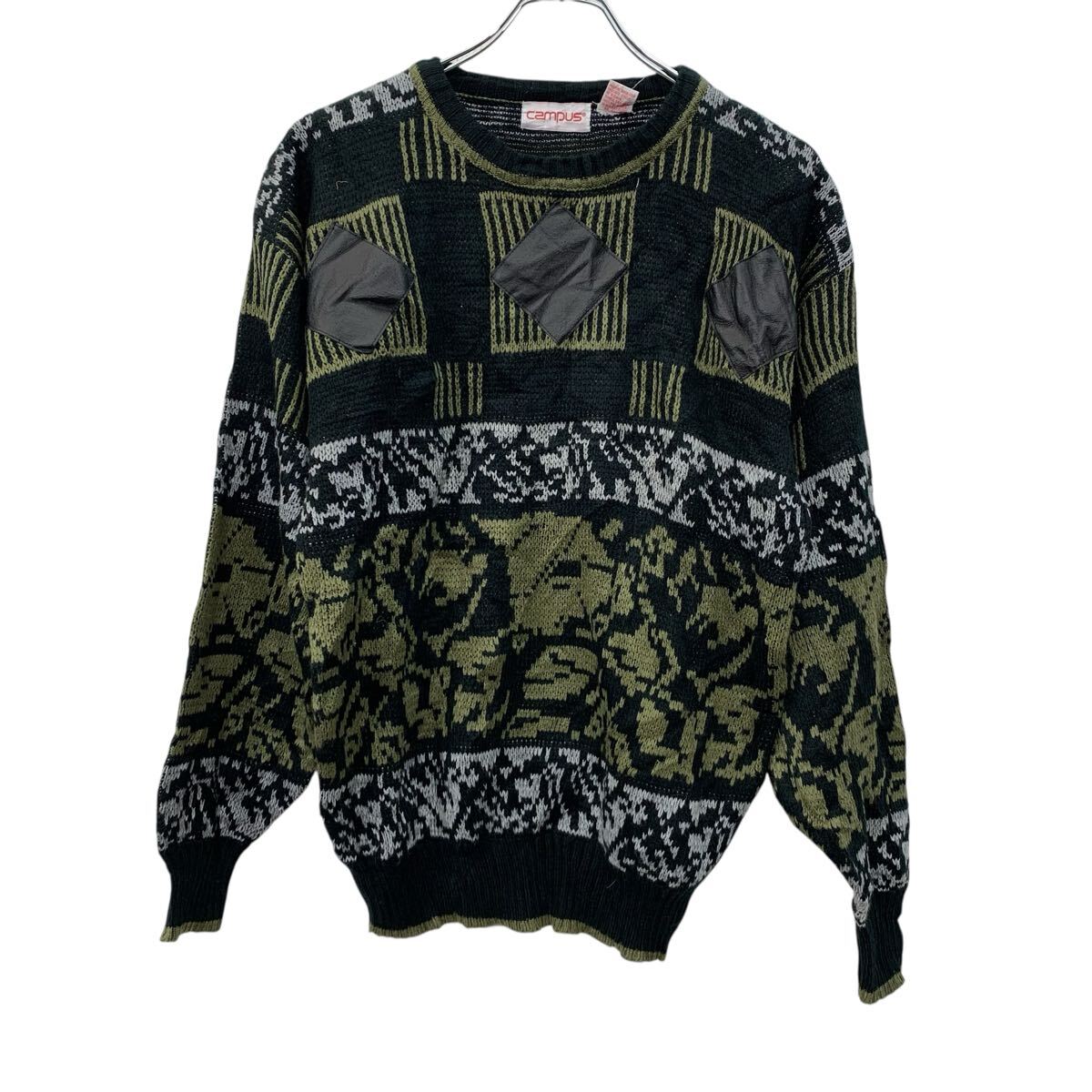【中古】【古着】 CAMPUS アクリルニット セーター M ブラック マルチカラー プルオーバー モックネック アクリル100% 総柄ニット 秋物 a710-6983
