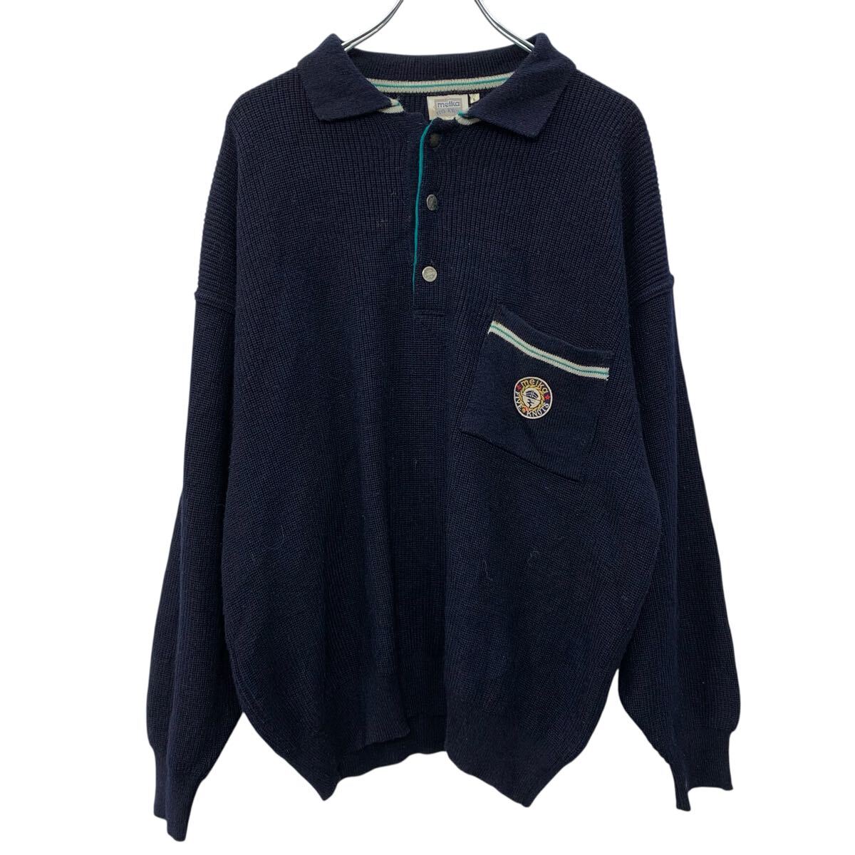 【中古】【古着】 Melka FIVE KNOTS アクリルニット セーター L ネイビー ハーフボタン 胸ポケット 刺繍ロゴ 無地セーター ウールニット 秋物 a710-6984
