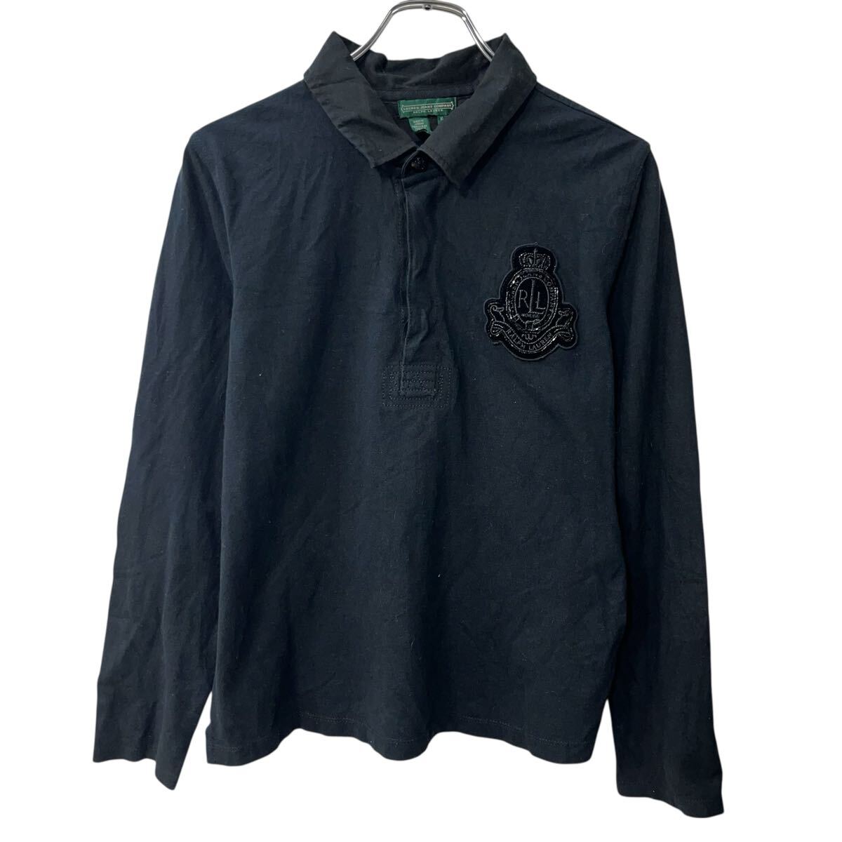 【中古】【古着】 LAUREN JEANS COMPANY 長袖 ポロシャツ XL ブラック ローレンジーンズ カンパニー シンプル ワッペン プルオーバー 春物 a710-7001