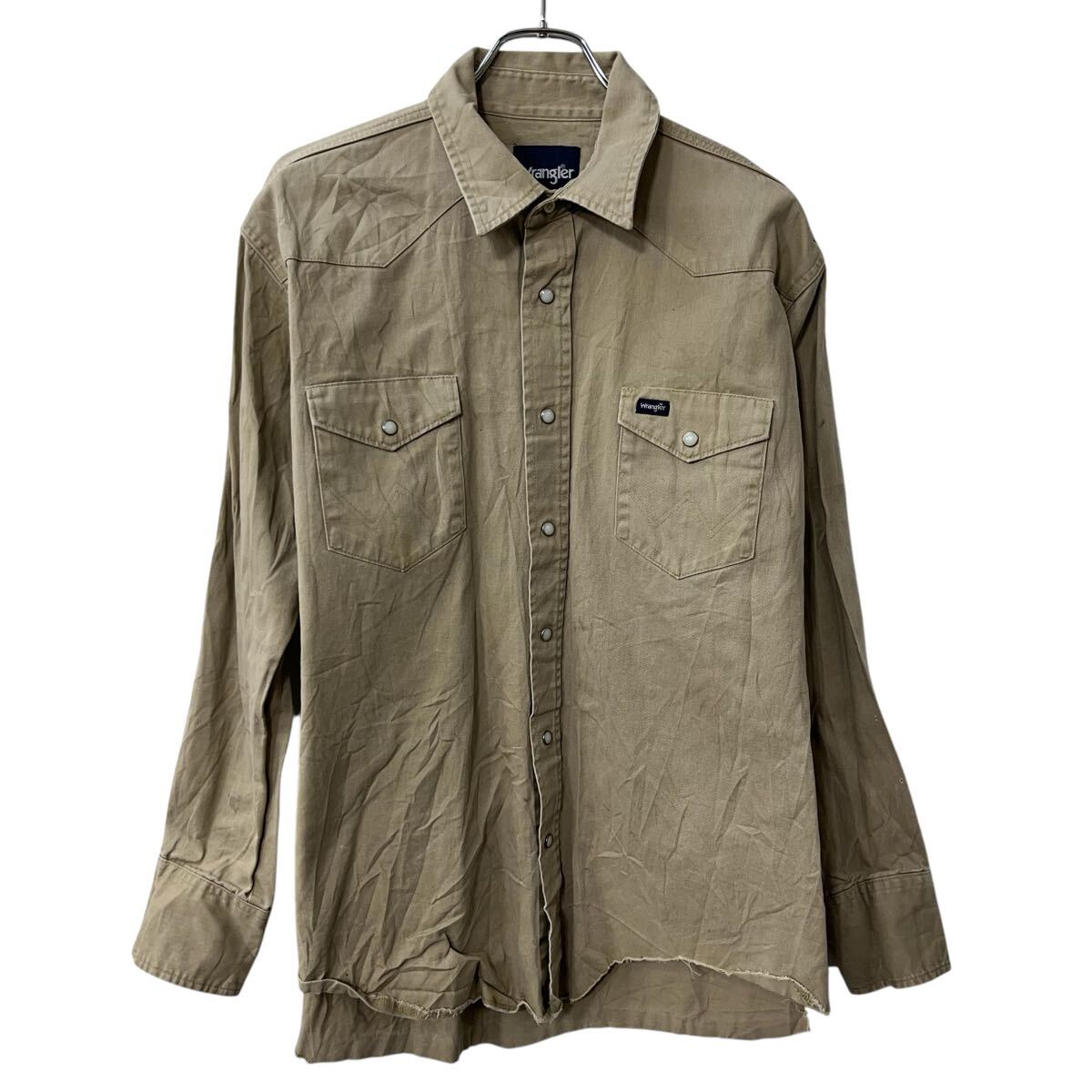 【中古】【古着】 Wrangler 長袖 ウエスタンシャツ XL ベージュ ラングラー 無地 スナップボダン 胸ポケット コットン トップス 春物 a..