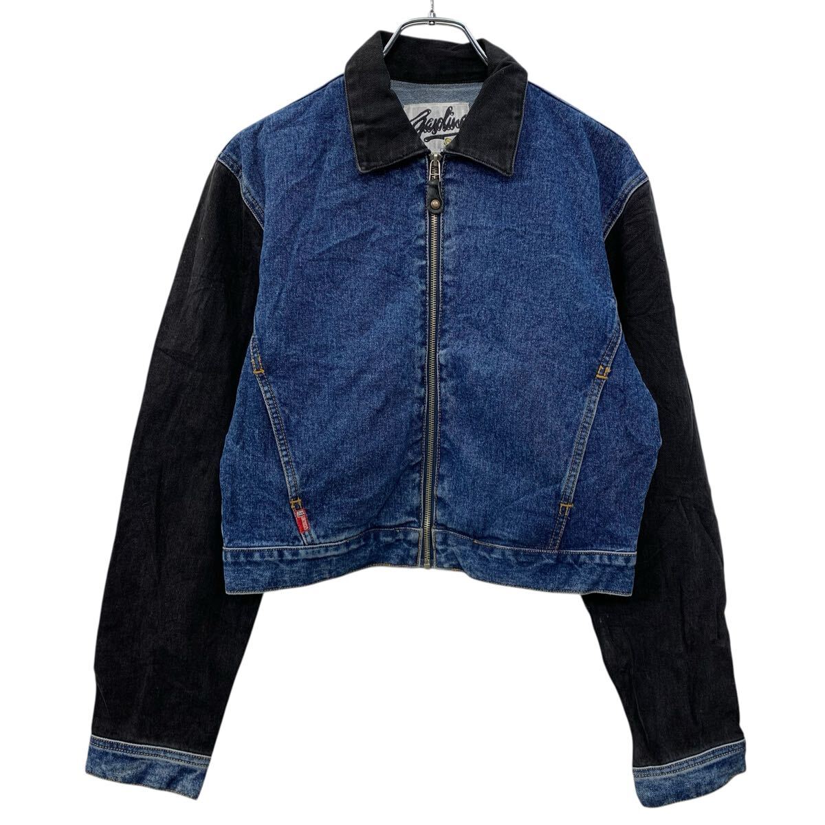 【中古】【古着】 Gapline デニムジャケット M レディース ターコイズブルー ブラック ジップアップ ジージャン コットン100% 刺繍ロゴ 春物 a710-7083