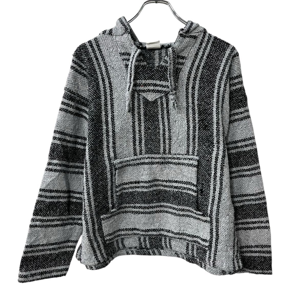 【中古】【古着】 VEL MEX アクリルニット セーター M グレー ブラック アクリル100% ストライプ ボーダー フーディー メキシコ製 トップス 秋物 a710-7151