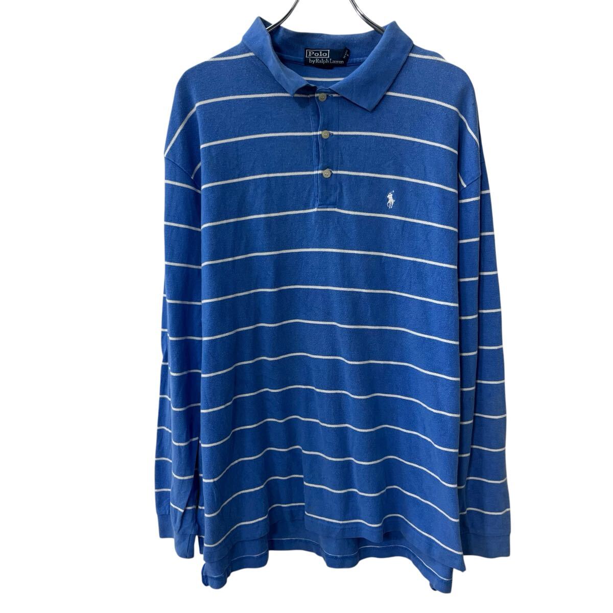 【中古】【古着】 POLO Ralph Lauren 長袖 ボーダーポロシャツ XXL ブルー ホワイト ポロ ラルフローレン プルオーバー コットン 秋物 a711-5059