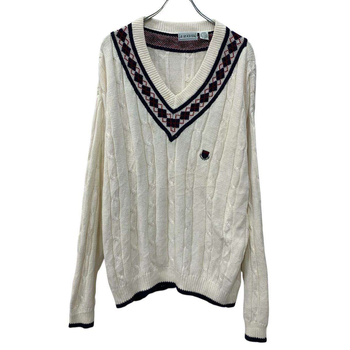 【中古】【古着】 IZOD コットンニット セーター LARGE ホワイト アイゾッド プルオーバー Vネック 刺繍ロゴ ケーブルニット 無地セーター 秋物 a711-5067
