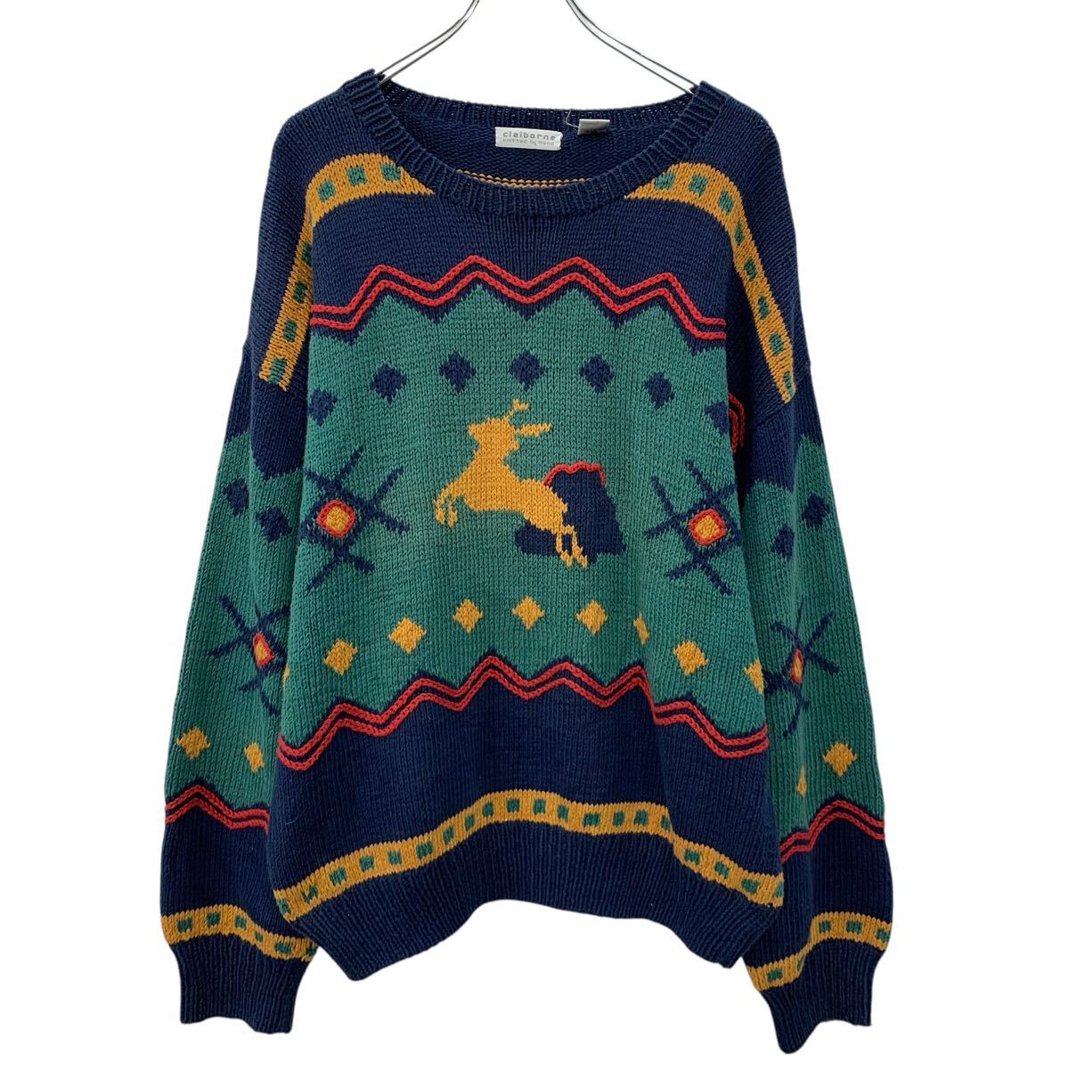 【中古】【古着】 claiborne コットンニット セーター L ネイビー マルチカラー プルオーバー コットン100% モックネック トナカイ 3Dニット 秋物 a711-5068