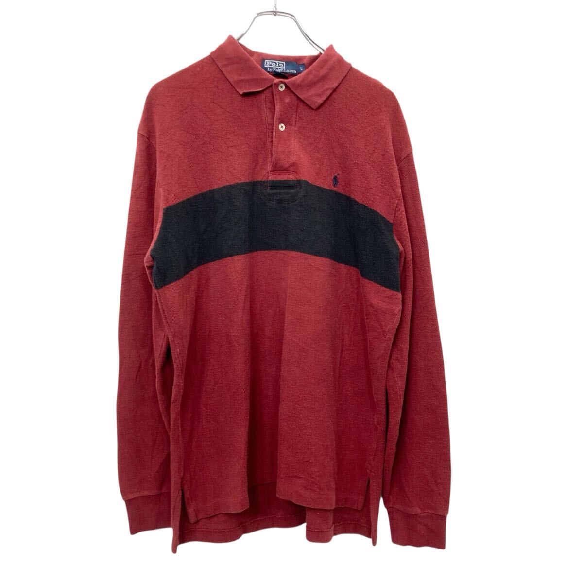 【中古】【古着】 90s Polo by Ralph Lauren 長袖 ポロシャツ L エンジ ポロバイラルフローレン ハーフボタン ボーダー ポニー刺繍 秋物 a711-5099
