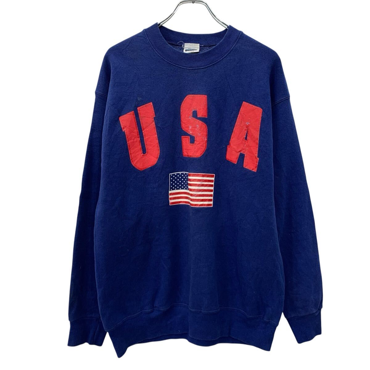  Decotex Designwear プリントスウェット トレーナー X- LARGE ネイビー レッド プルオーバー アメリカ国旗 アメリカ製 秋物 a711-5132