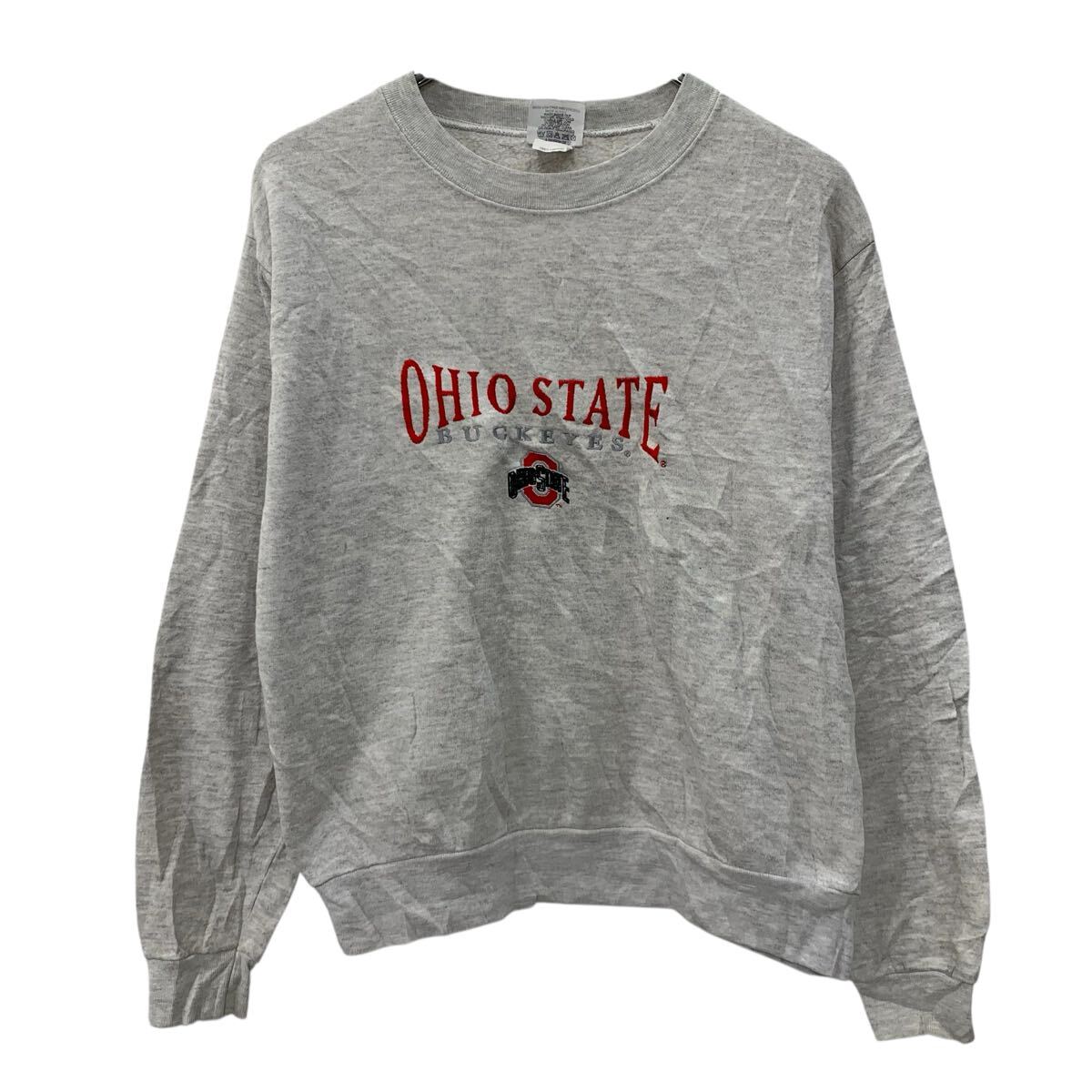 【中古】【古着】 CSTA ロゴスウェット トレーナー 14～16歳 キッズ ライトグレー レッド プルオーバー 刺繍ロゴ ビッグロゴ アメリカ製 秋物 a711-5184