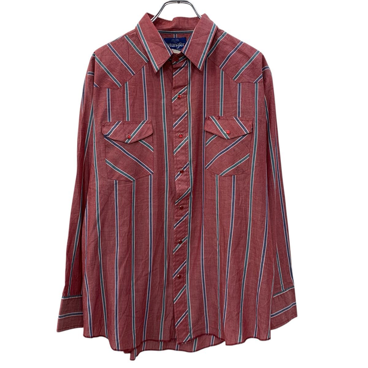 Rakuten - 【中古】【古着】 Wrangler 長袖 ストライプシャツ XL レッド マルチカラー ラングラー スナップボタン ウエスタンシャツ 胸ポケット 春物 a711-5231