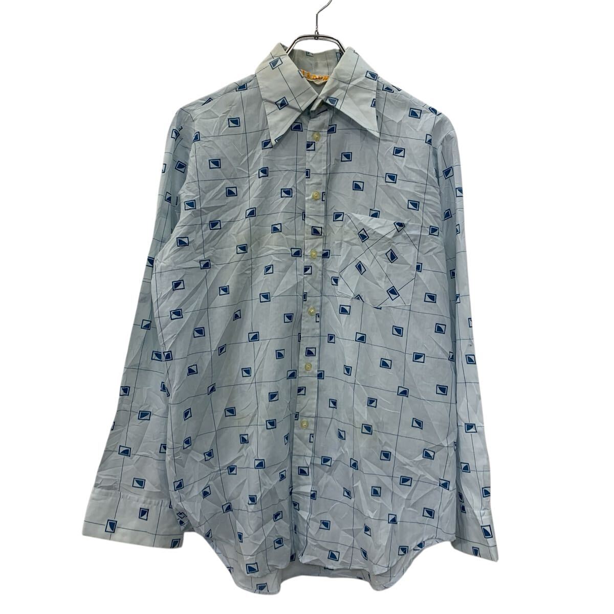 【中古】【古着】 FEKON 長袖 柄シャツ L ライトブルー ブルー ボタン 胸ポケット 総柄シャツ 総柄 シンプルシャツ 長袖シャツ 春物 a711-5234