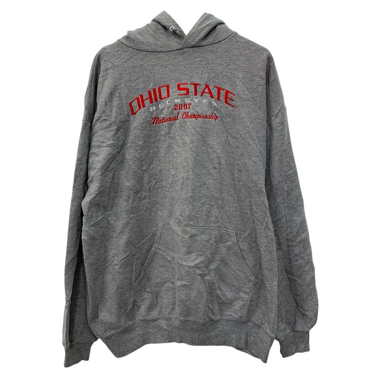 【中古】【古着】 JERZEES ロゴスウェット パーカー XL グレー レッド ジャージーズ プルオーバー フーディー 刺繍ロゴ ビッグロゴ 秋物 a711-5246