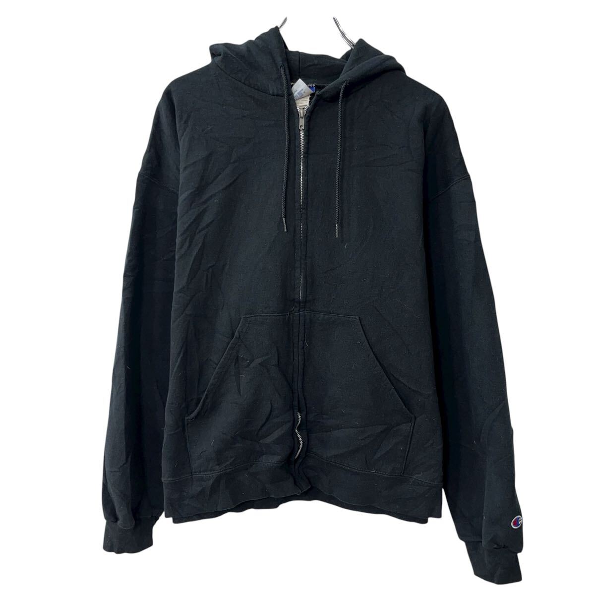 【中古】【古着】 Champion プリントスウェット パーカー X L ブラック チャンピオン フーディー ジップアップ カットソー トップス 秋物 a711-5253