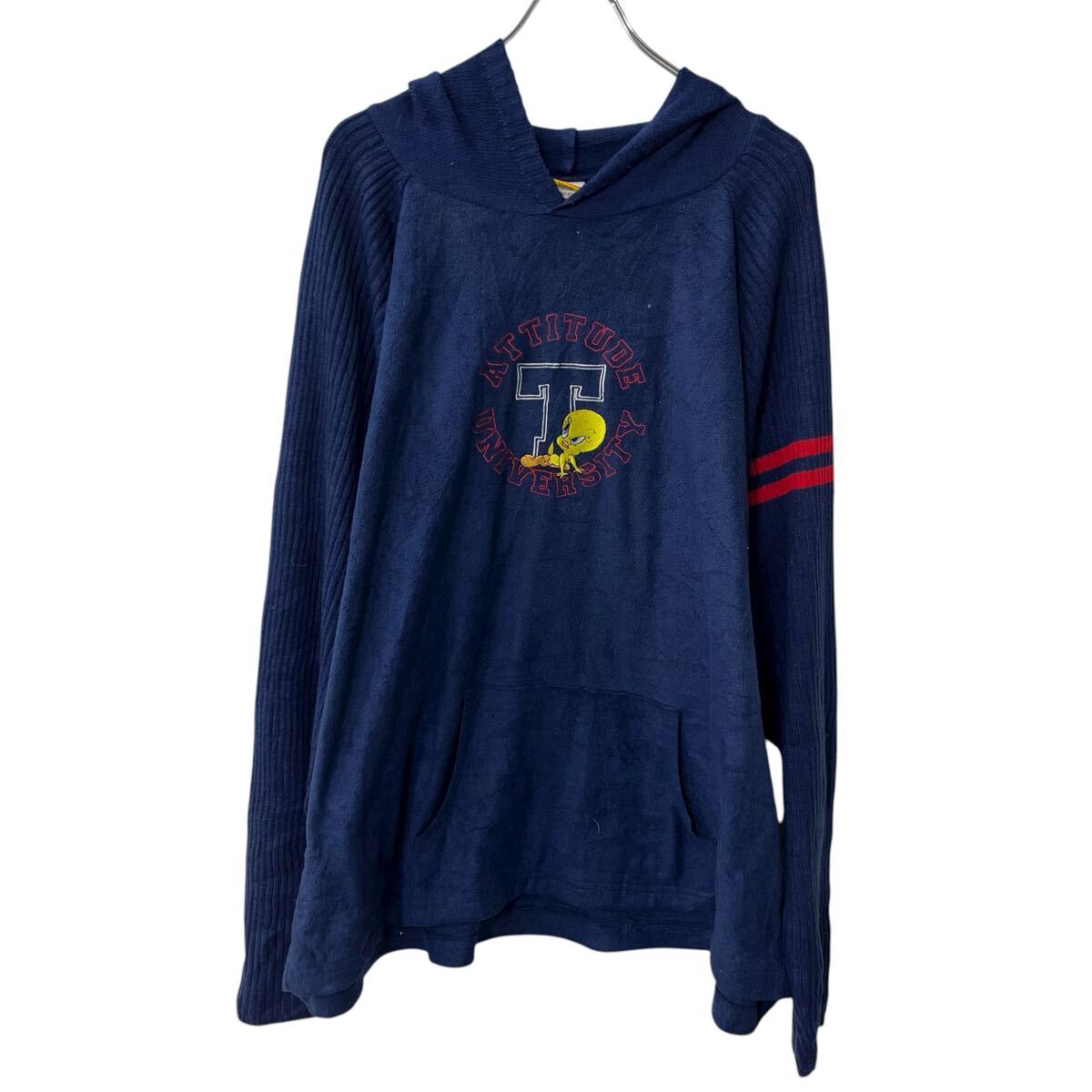 【中古】【古着】 LOONEY TUNES ニット セーター XL〜 ネイビー ルーニーチューンズ フーディー キャラ..