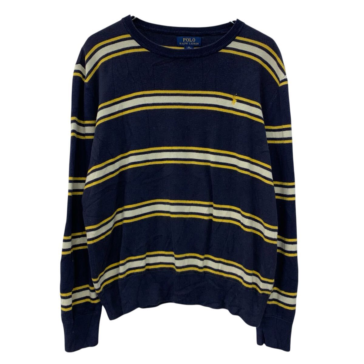 【中古】【古着】 POLO RALPH LAUREN コットンニット セーター XL ネイビー マルチカラー ポロラルフローレン プルオーバー ボーダー 秋物 a711-5293