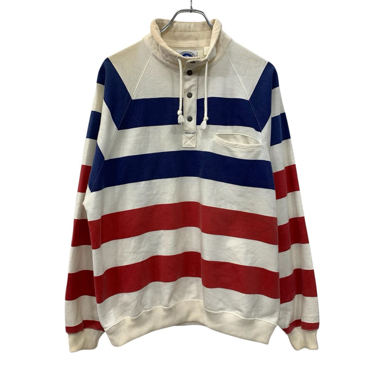 【中古】【古着】 GREENLINE INTERNATIONAL プリントスウェット トレーナー L ホワイト マルチカラー ハーフボタン スナップボタン ボ..