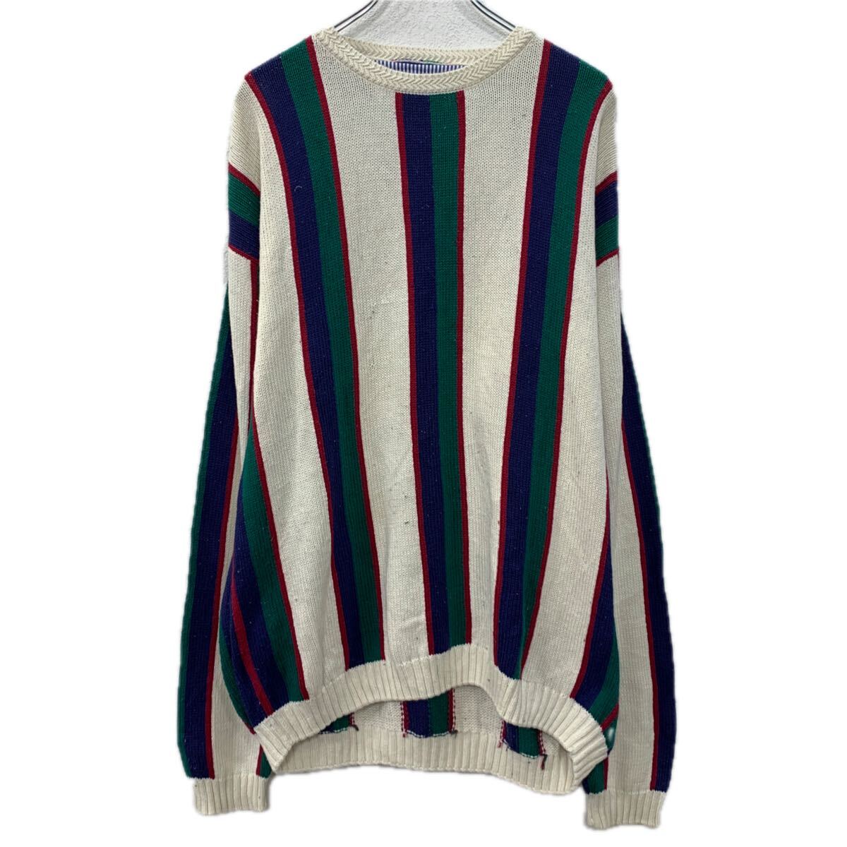 【中古】【古着】 Siegfried コットンニット セーター TALL ホワイト マルチカラー プルオーバー ストライプセーター コットン100% 秋物 a711-5574