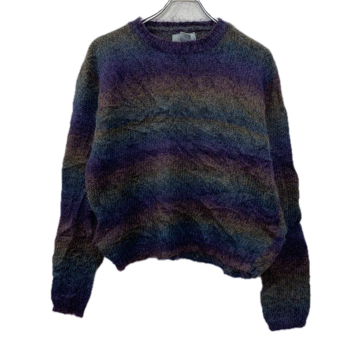 【中古】【古着】 GREAT NORTHWEST ウールニット セーター L パープル マルチカラー プルオーバー ボーダーセーター 総柄ニット 秋物 a711-5631