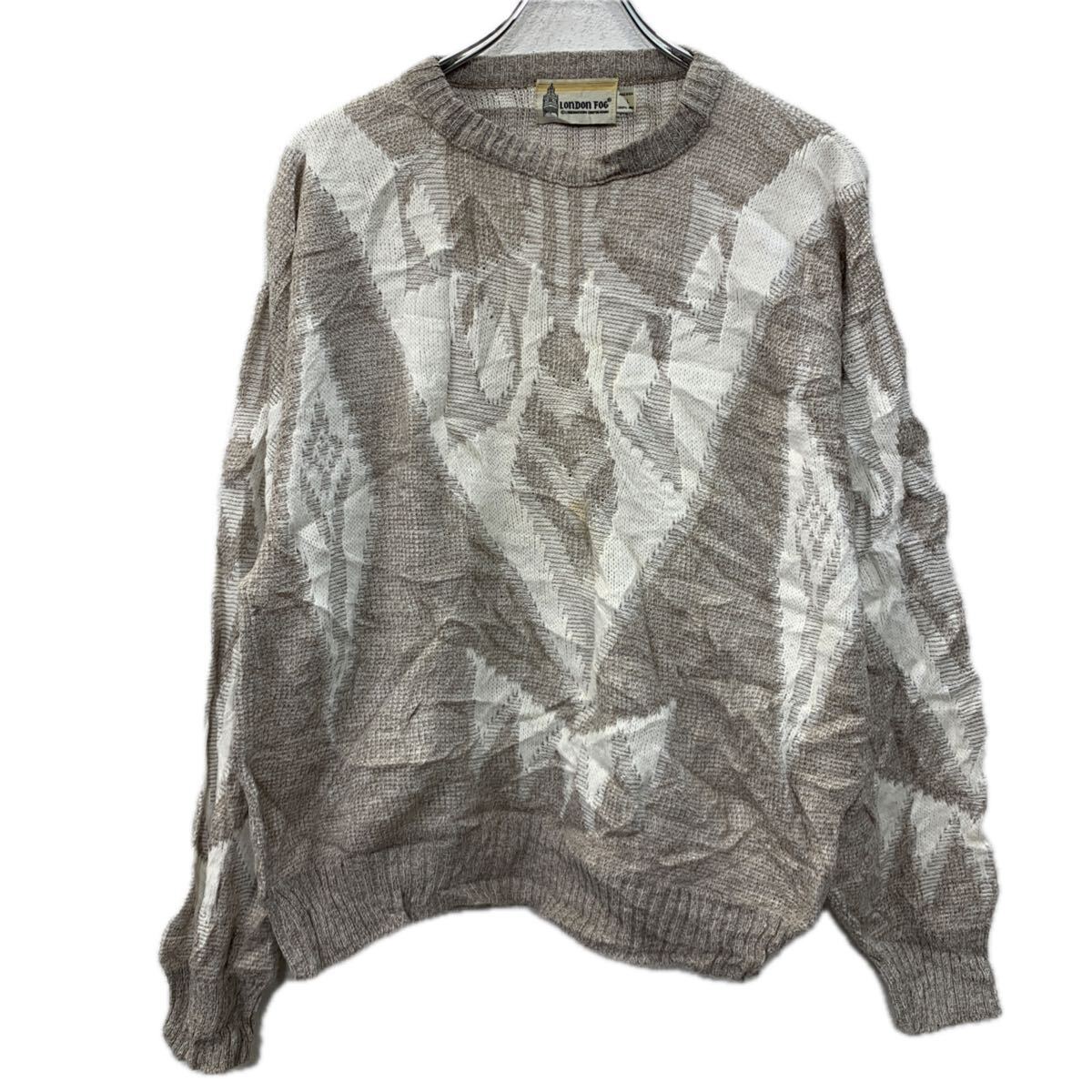 【中古】【古着】 USA製 LONDON FOG アクリルニット セーター L ベージュ ホワイト ロンドンフォグ プルオーバー アクリル100% 総柄 秋物 a711-5632