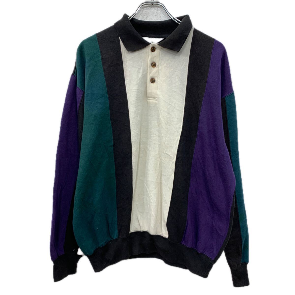 【中古】【古着】 AMERICAN WEEKEND 長袖 ラガーシャツ M ブラック マルチカラー ハーフボタン 裏起毛 プルオーバー ポロシャツ ストライプ 春物 a711-5685