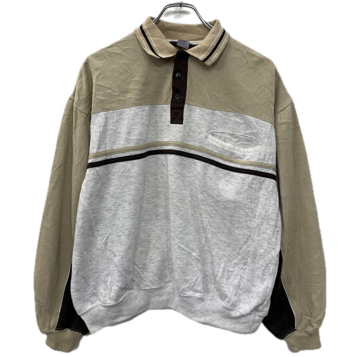 【中古】【古着】 STATIC INTERNATIONAL 長袖 ポロシャツ M ベージュ マルチカラー ハーフボタン プルオーバー スウェットシャツ 胸ポケット 秋物 a711-5686