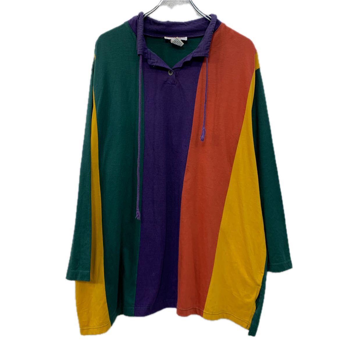 【中古】【古着】 BRIDGEBGGATE 長袖 ポロシャツ 2X グリーン マルチカラー ハーフボタン プルオーバー ボーダー ブロックデザイン 春物 a711-5688