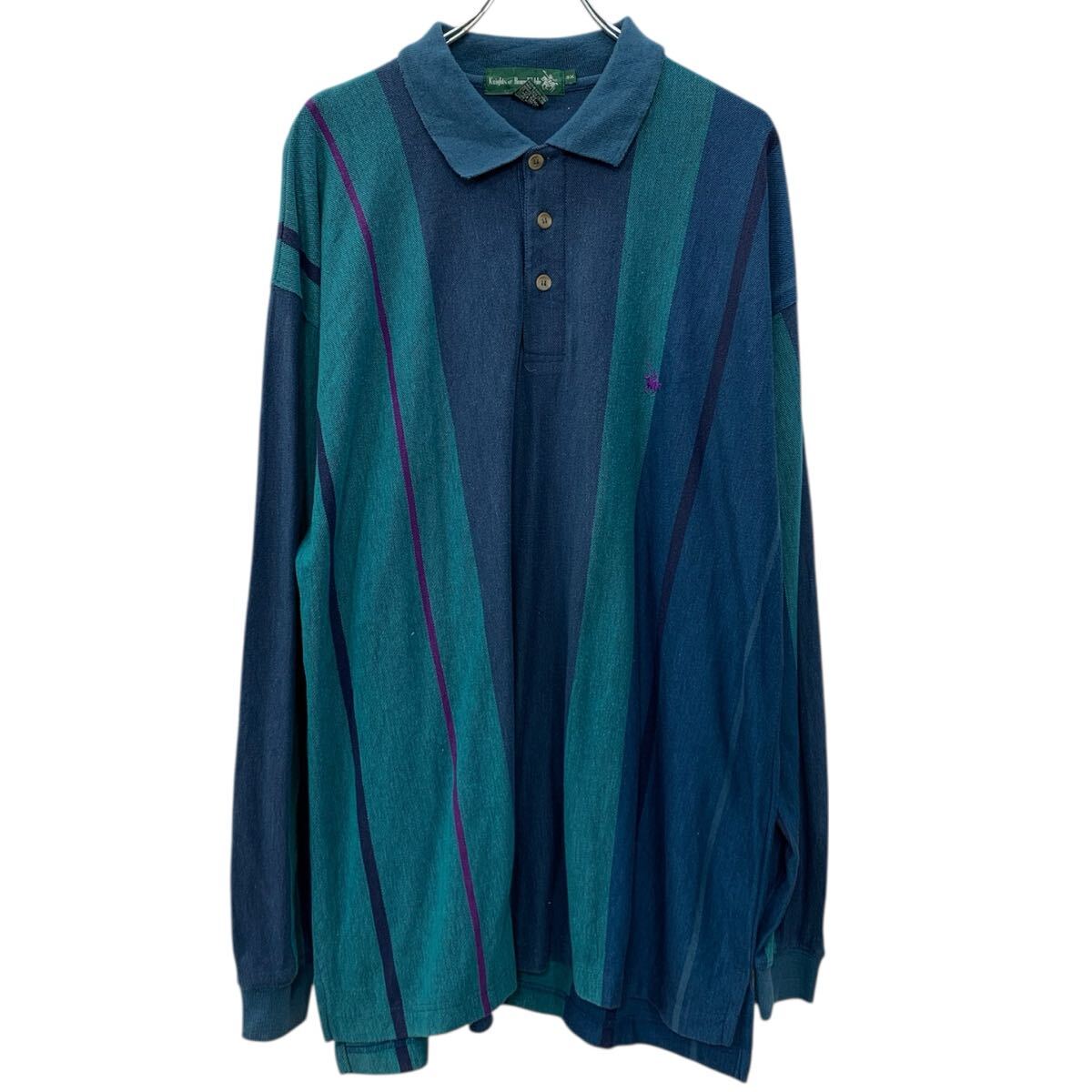 【中古】【古着】 Knights of Round Table 長袖 ポロシャツ 3X グリーン マルチカラー ハーフボタン 刺繍ロゴ ストライプ ワンポイント 春物 a711-5691