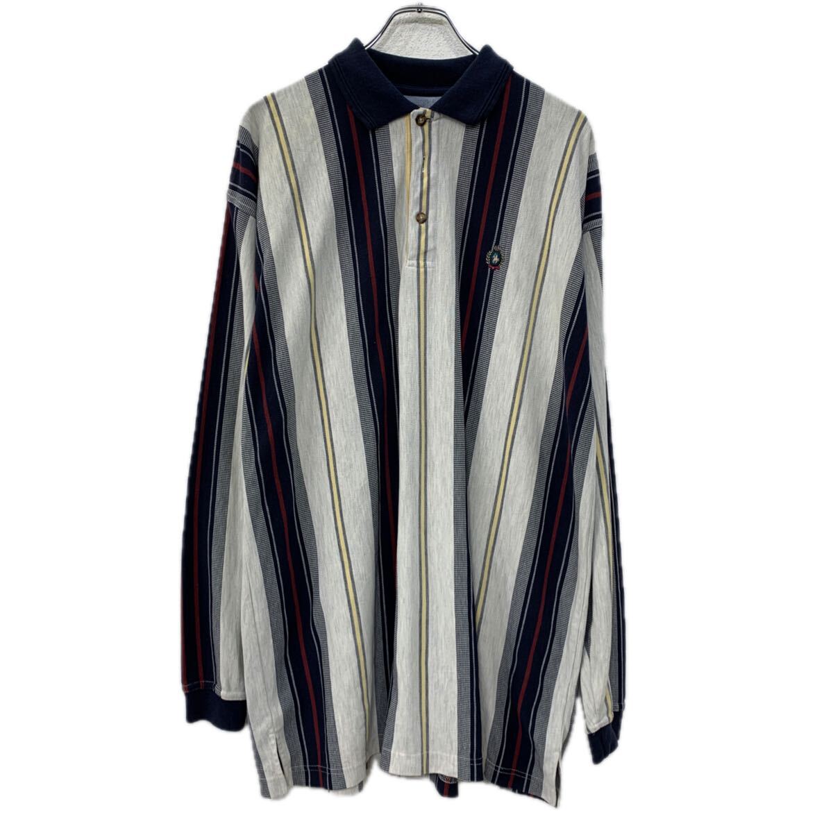 【中古】【古着】 Knights of Round Table 長袖 ポロシャツ 2XLT ホワイト マルチカラー ハーフボタン 刺繍ロゴ ストライプ ワンポイント 春物 a711-5692