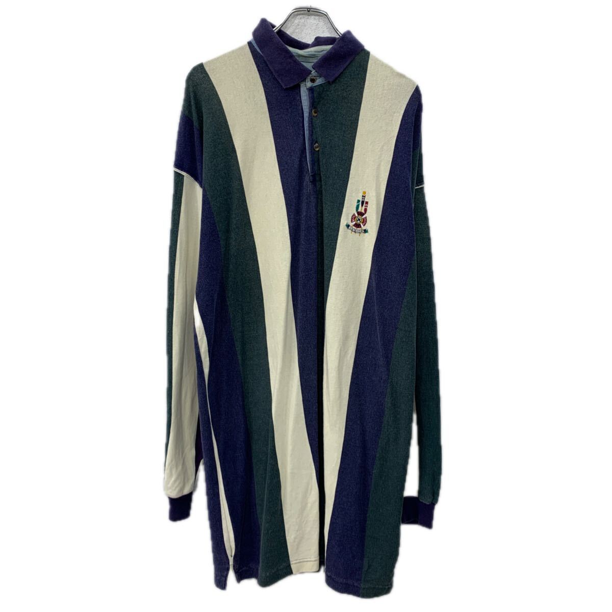 【中古】【古着】 NEW RIVER 長袖 ポロシャツ XL パープル マルチカラー ハーフボタン ストライプ 刺繍ロゴ ワンポイント ロング 春物 a711-5693