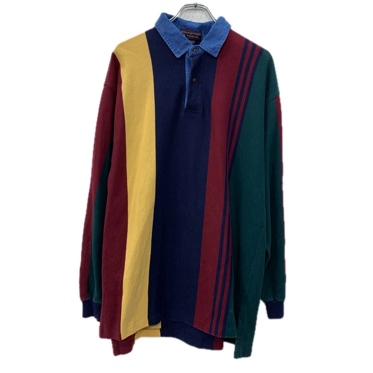 【中古】【古着】 USA製 ROUNDTREE&YORKE 長袖 ポロシャツ L ネイビー マルチカラー ハーフボタン コットン100% ストライプ 襟デニム風 春物 a711-5694