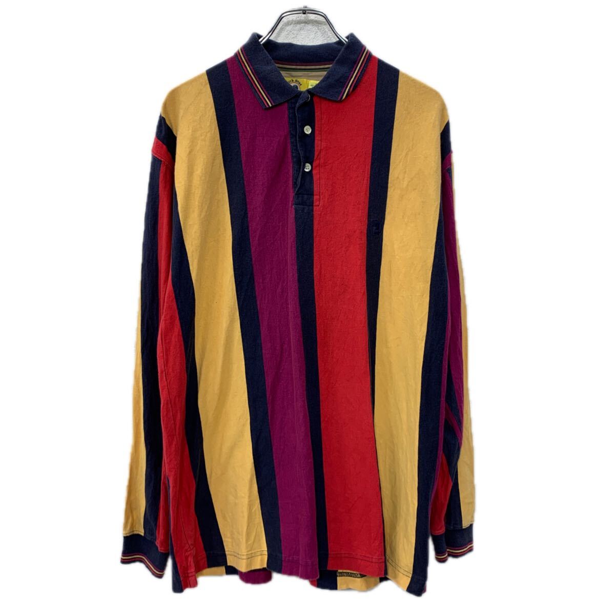 【中古】【古着】 Duck Head 長袖 ポロシャツ M レッド マルチカラー ハーフボタンボーダー ストライプ 刺繍ロゴ コットン100% ワンポイント 春物 a711-5695