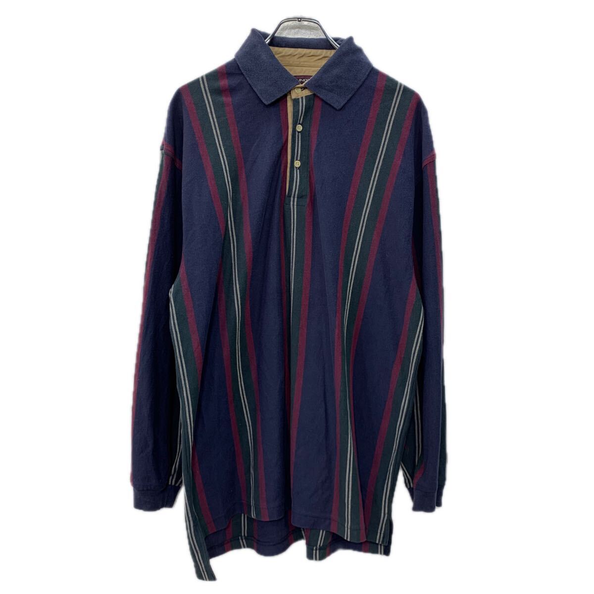 【中古】【古着】 ROUNDTREE＆YORKE 長袖 ポロシャツ L ネイビー マルチカラー ハーフボタン ストライプ ボーダー コットン100% カジュアル 春物 a711-5696