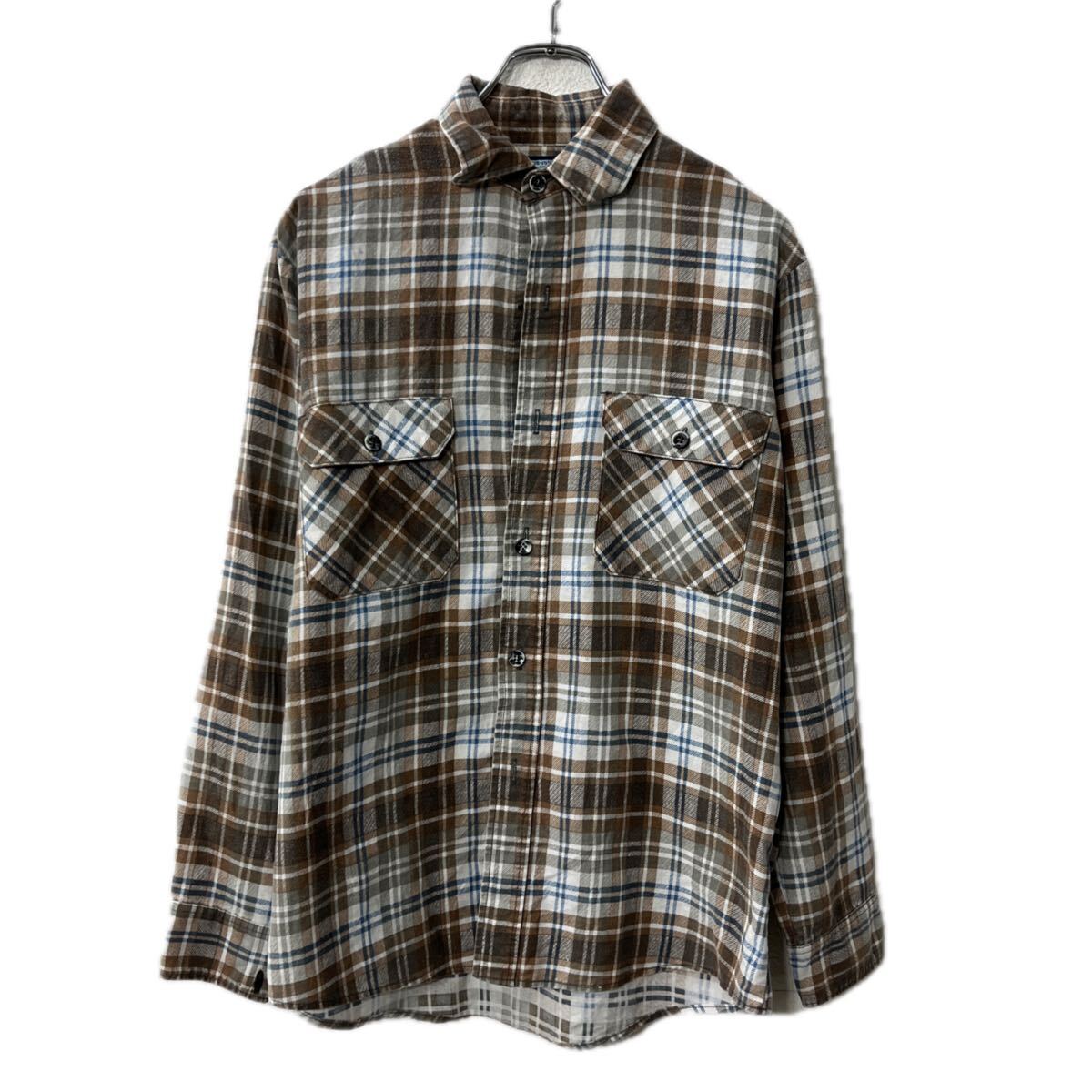 【中古】【古着】 USA製 Fieldmaster 長袖 チェックシャツ M ブラウン マルチカラー 胸ポケット 長袖シ..
