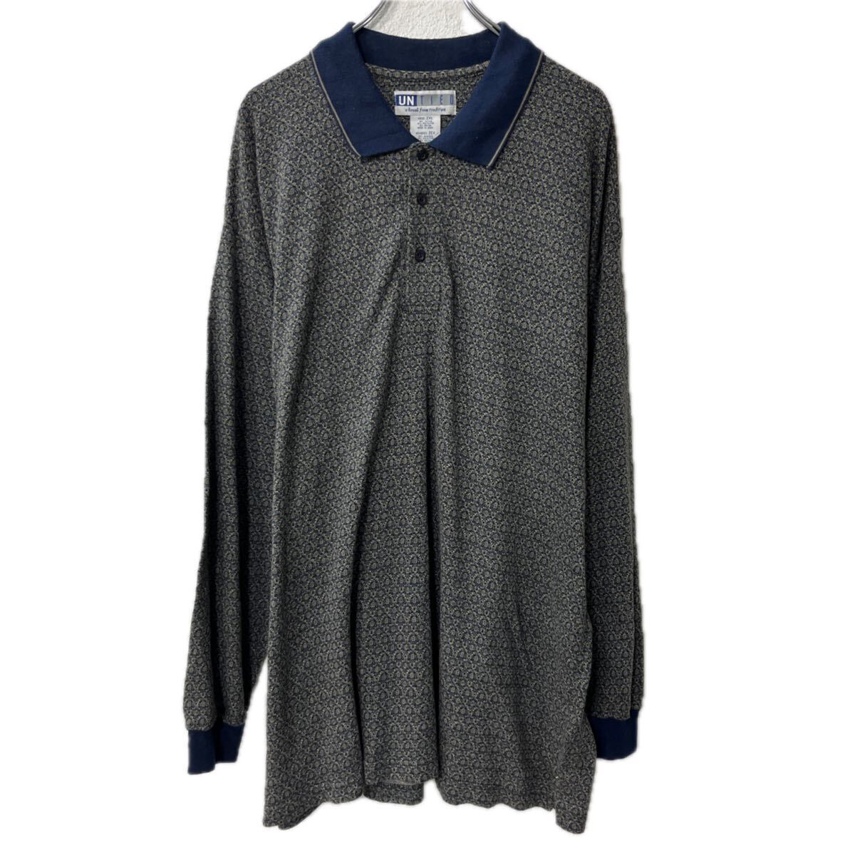 【中古】【古着】 UNTIED 長袖 ポロシャツ 2XL ネイビー ブルー ベージュ 総柄 ビッグサイズ プルオーバー 秋物 a711-5720