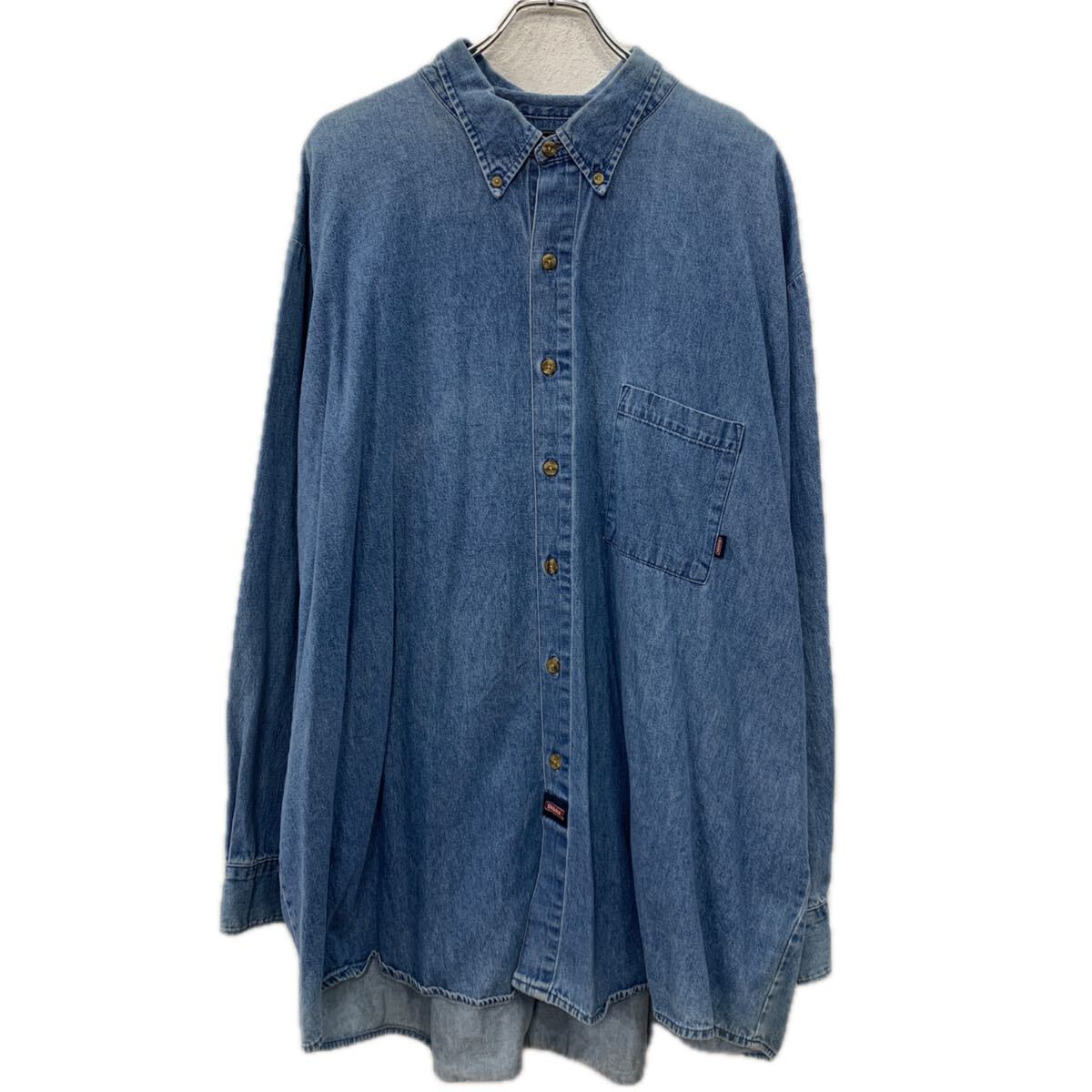 【中古】【古着】 Dickies 長袖 デニムシャツ 3XL ブルー ディッキーズ ボタン ボタンダウン 胸ポケット デニム 無地シャツ コットン100% 春物 a711-5742