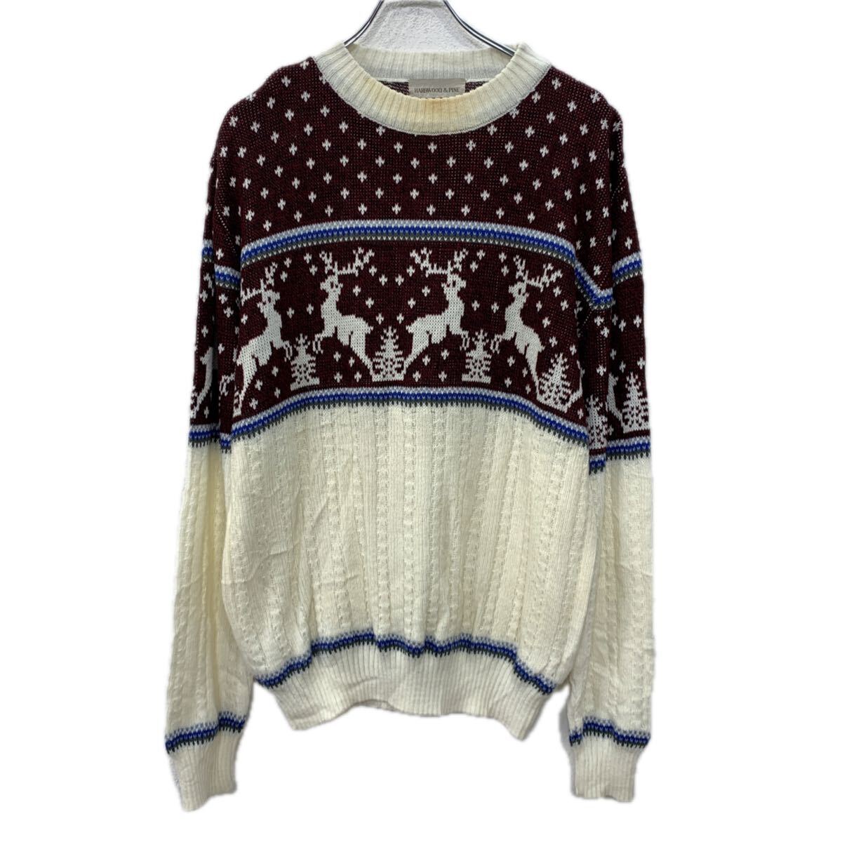 【中古】【古着】 HARDWOOD&PINE アクリルニット セーター L アイボリー マルチカラー プルオーバー アクリル100% モックネック トナカイ 秋物 a711-5748