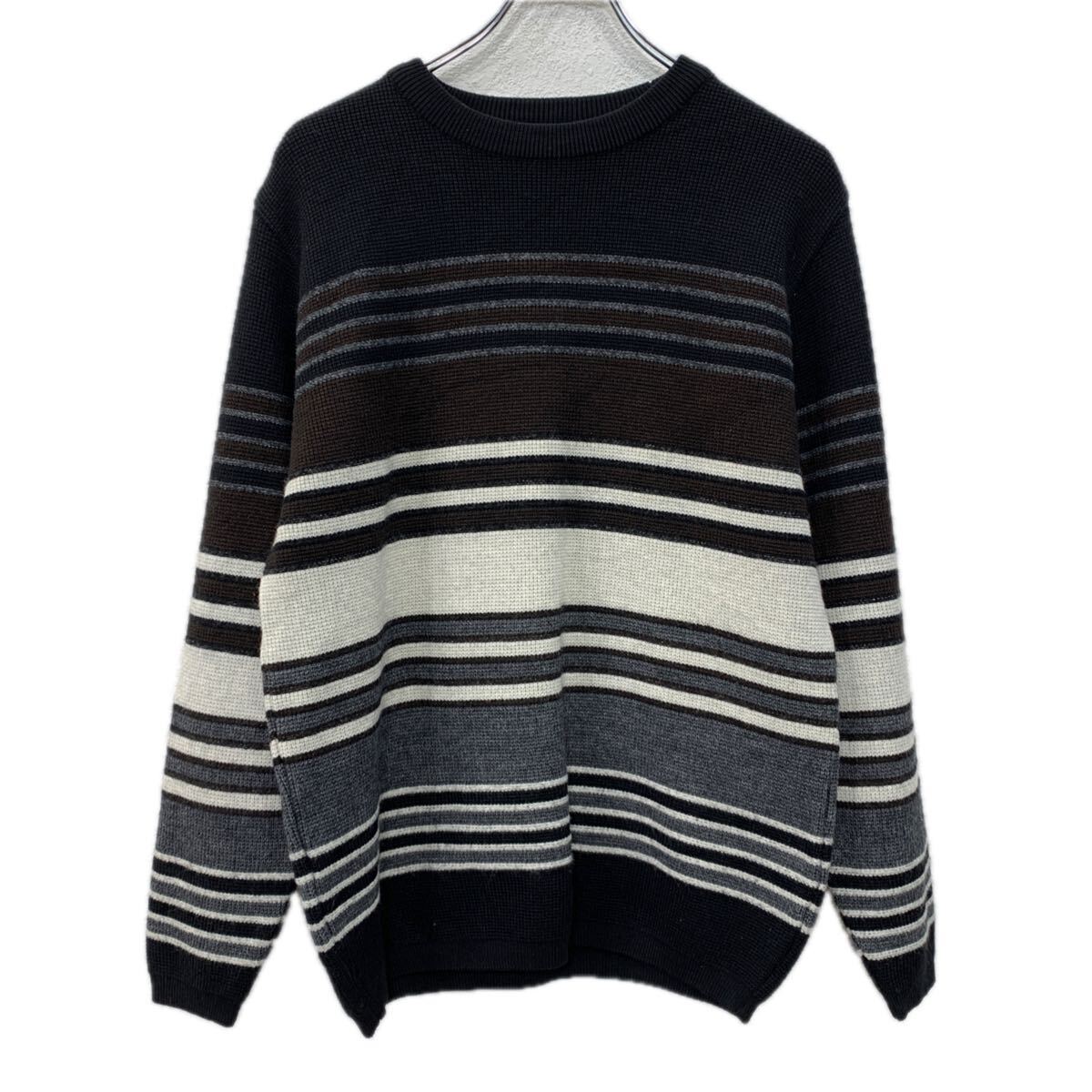 【中古】【古着】 CAP10TEN アクリルニット セーター L ブラック マルチカラー プルオーバー ボーダーセーター モックネック ボーダー 秋物 a711-5749