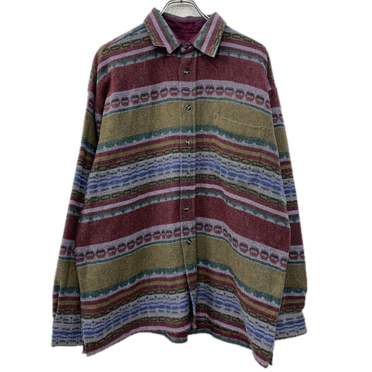 Rakuten - 【中古】【古着】 NATIONAL 長袖 ストライプシャツ XL エンジ マルチカラー ボタン 厚手シャツ コットン100% 胸ポケット ボーダーシャツ 秋物 a711-5784