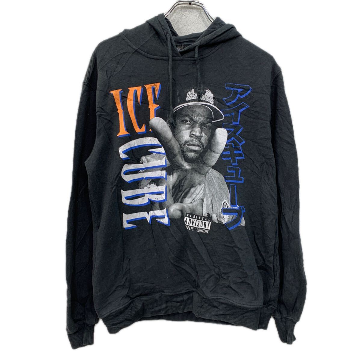 Sweat - 【中古】【古着】 ICE CUBE プリントスウェット パーカー S ブラック マルチカラー アイスキューブ プルオーバー フーディー ビッグプリント 秋物 a711-5789
