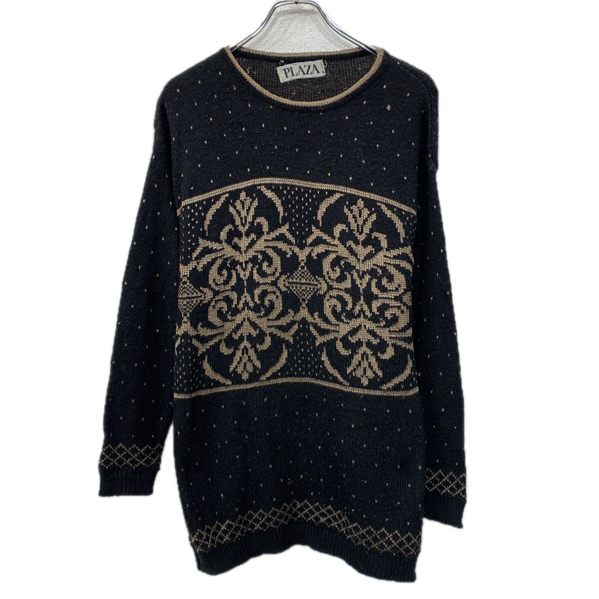 【中古】【古着】 イタリア製 PLAZA アクリルニット セーター M～ ブラック ベージュ プラザ プルオーバー 総柄セーター 総柄ニット ニット 秋物 a711-5823