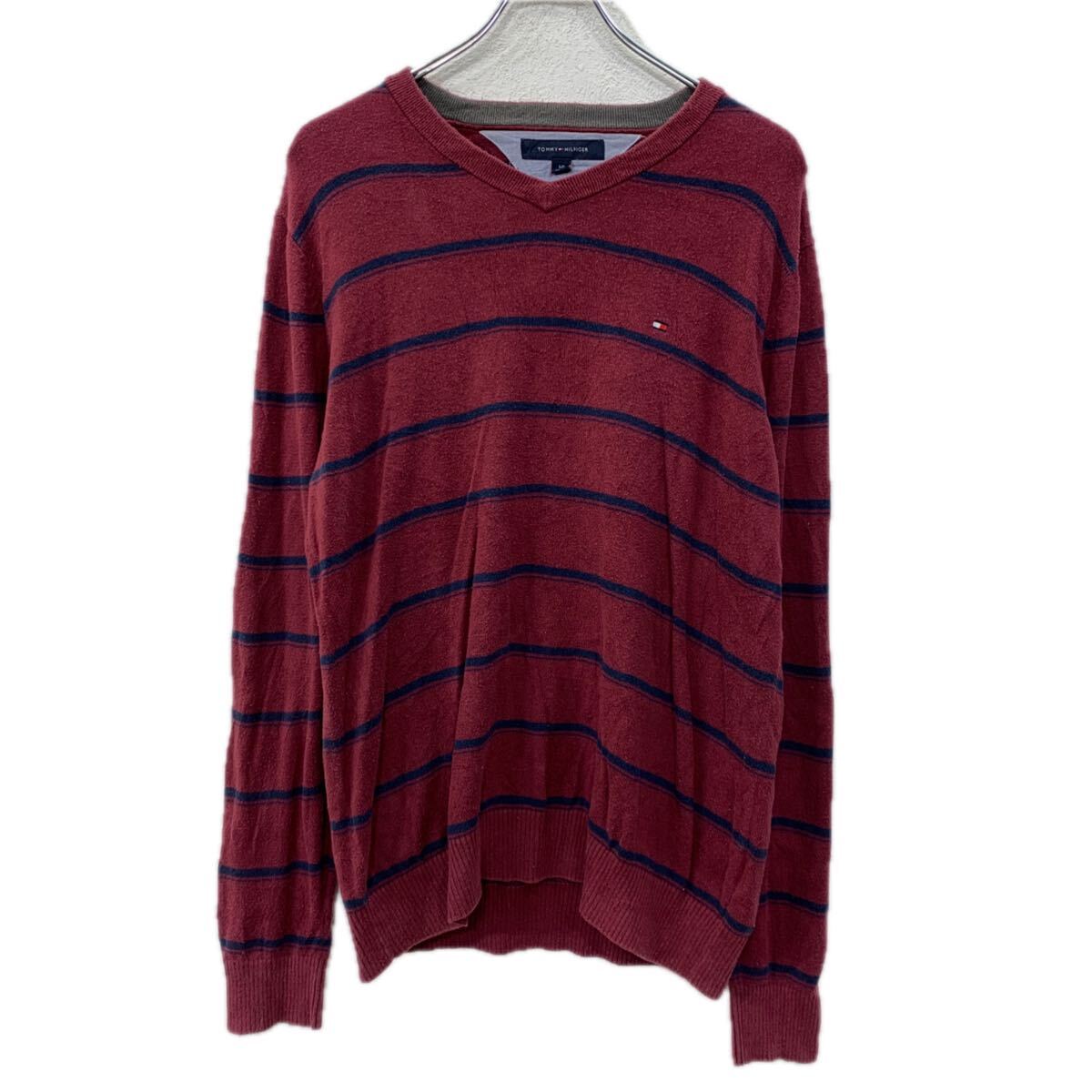 【中古】【古着】 TOMMY HILFIGER コットンニット セーター S エンジ ネイビー トミーヒルフィガー プルオーバー コットン100% 刺繍ロゴ 秋物 a711-5824