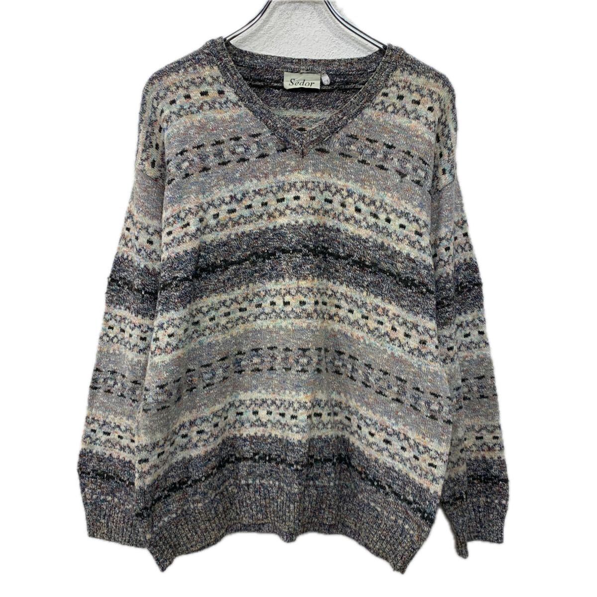 【中古】【古着】 Sedor アクリルニット セーター M グレー マルチカラー プルオーバー Vネック ボーダーニット 総柄セーター ニット 秋物 a711-5825