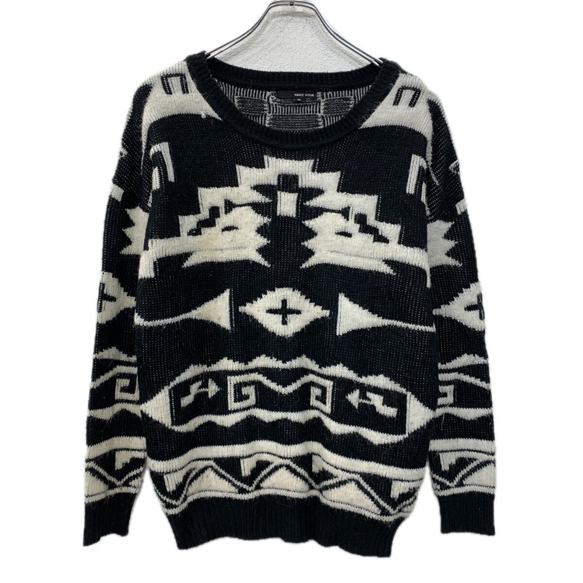 【中古】【古着】 TALLY WEiJL アクリルニット セーター XS ブラック ホワイト プルオーバー モックネック 総柄セーター 総柄ニット 総柄 秋物 a711-5826