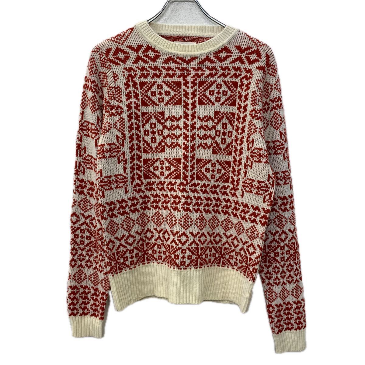 【中古】【古着】 ELEVENPARIS アクリルニット セーター S レッド ホワイト プルオーバー モックネック 総柄セーター 総柄ニット 総柄 秋物 a711-5827