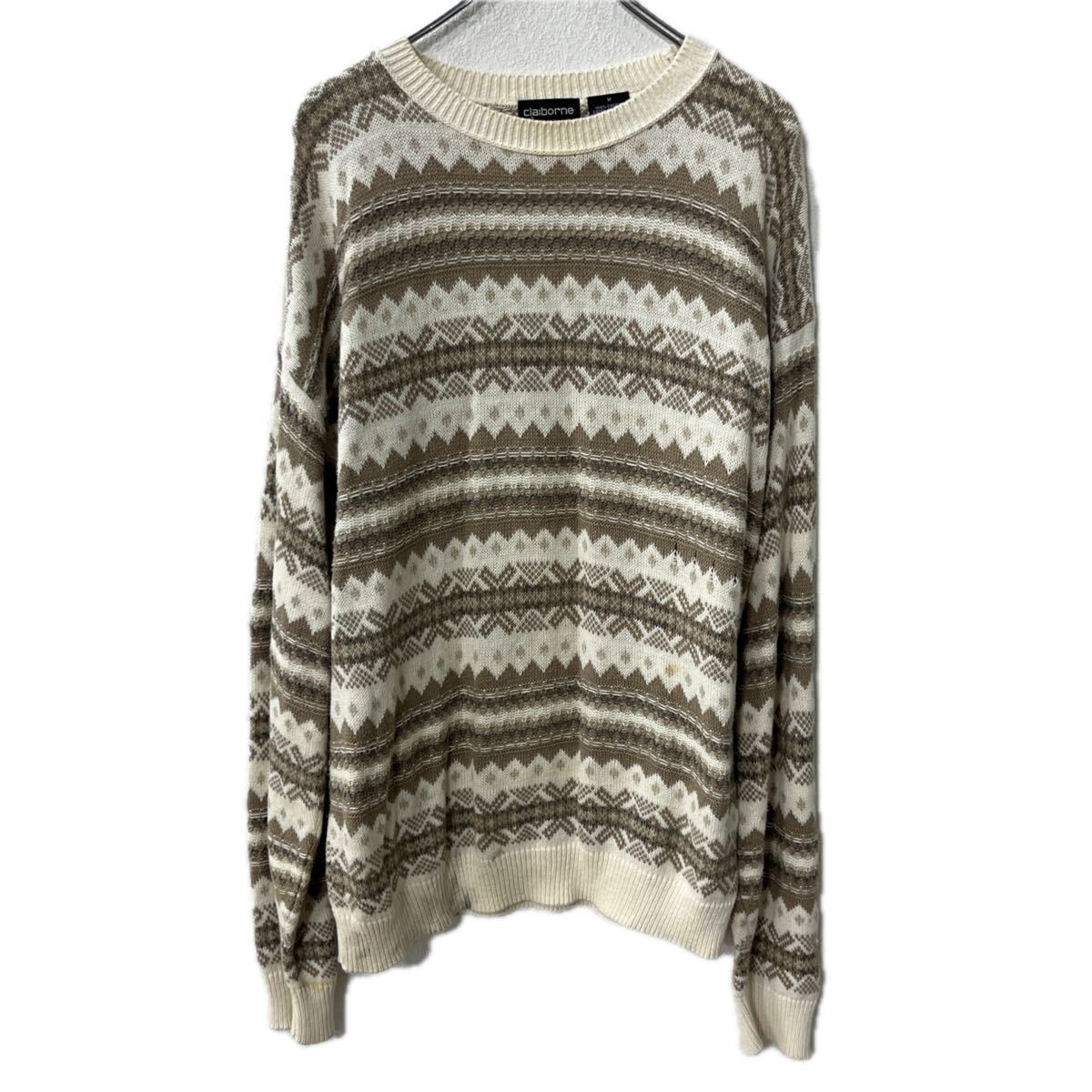 【中古】【古着】 USA製 claiborne コットンニット セーター M ホワイト ブラウン コットン100% ノルディック柄 プルオーバー 秋物 a711-5872