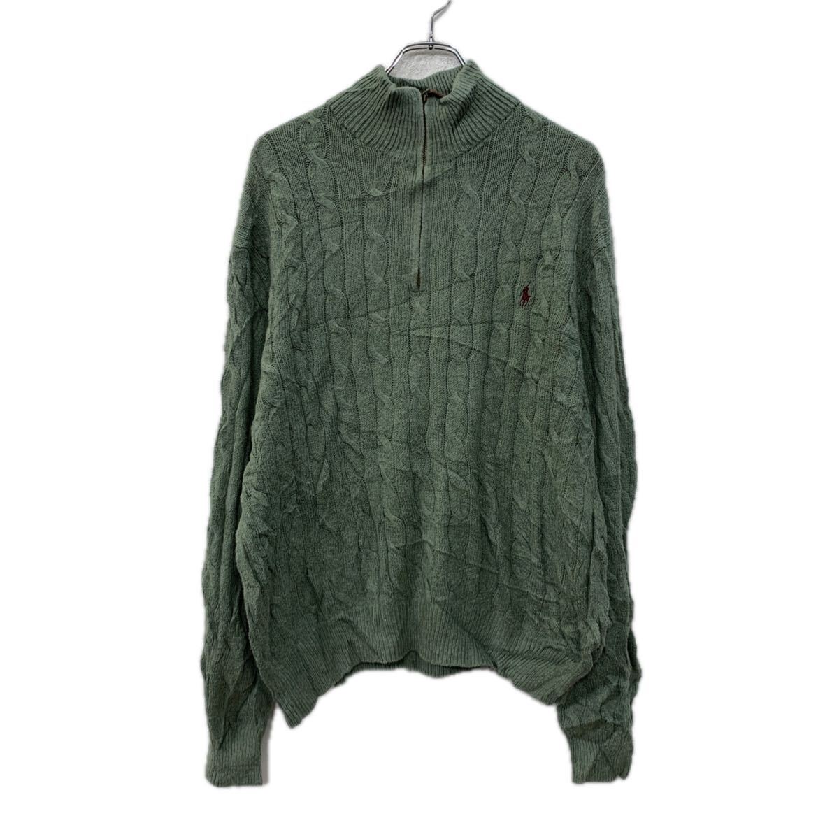 【中古】【古着】 POLO RALPH LAUREN コットンニット セーター L グリーン ポロラルフローレン ハーフジップ コットン100% 刺繍ワンポイント 秋物 a711-5893